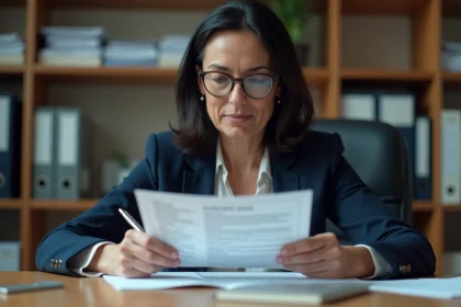 Femme en blazer navy lisant un avis officiel au bureau