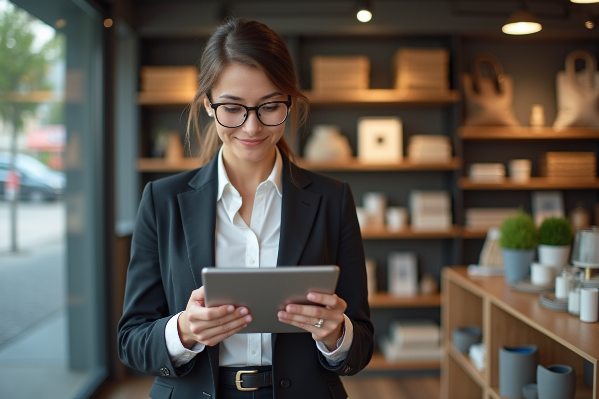 Femme en tenue professionnelle analysant des graphiques sur une tablette