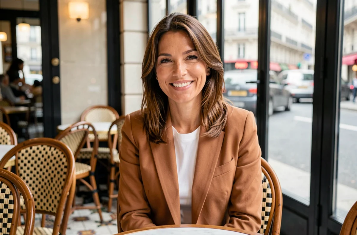 Femme souriante et élégante assise dans un café parisien, évoquant la personnalité publique et la vie personnelle d'une animatrice médiatique