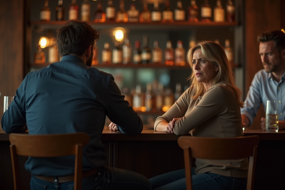 Une femme au bar exprimant un malaise discret face à un comportement déplacé, illustrant l'impact des blagues racistes en société