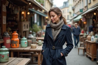 Femme en trench et foulard parcourant une brocante vintage