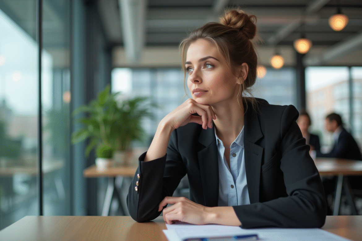 Femme en bureau en pleine réflexion lors d'une pause