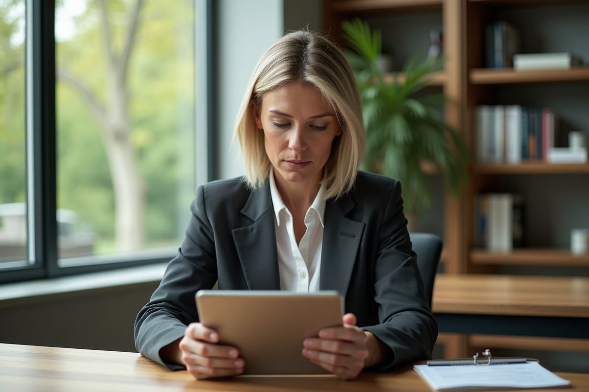 Femme en bureau regardant une tablette dans un cadre moderne