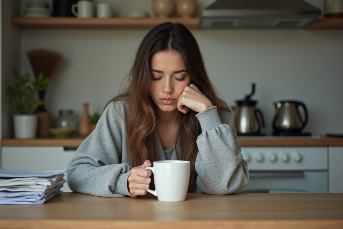 Femme assise au petit déjeuner dans la cuisine