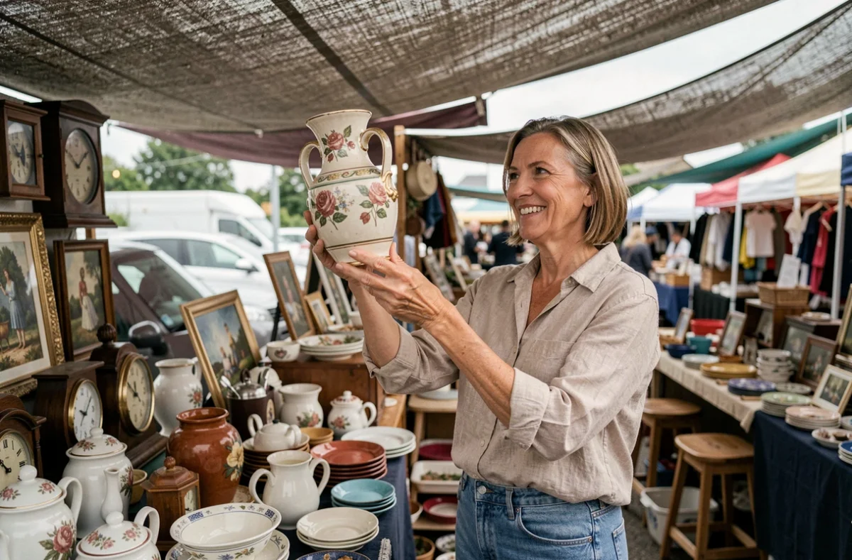 Femme adulte inspectant un objet vintage lors d'un vide grenier le dimanche