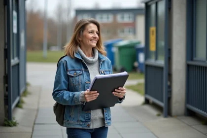 Femme avec carte et dossier devant centre de tri