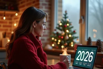 Femme en pull rouge regardant un compte à rebours de Noël 2026 sur un ordinateur portable dans une cuisine décorée