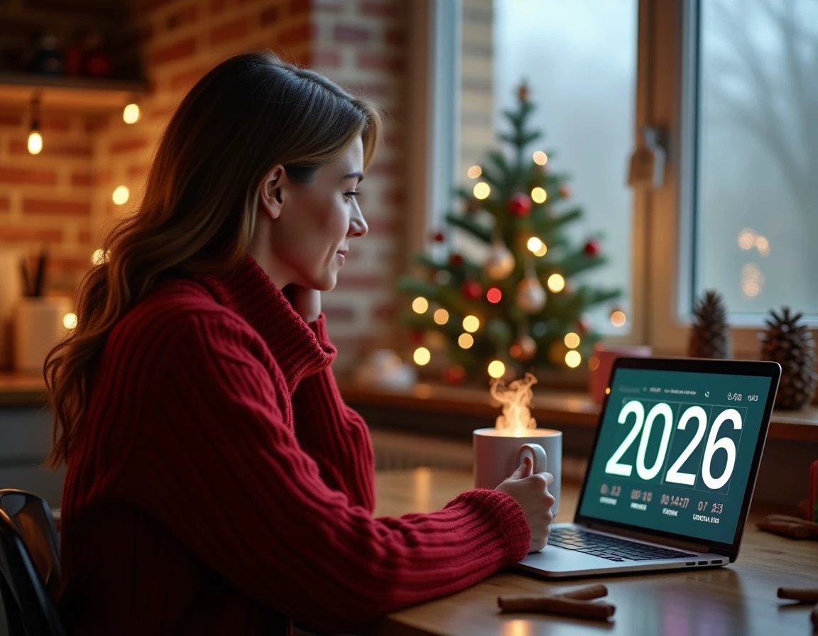 Femme en pull rouge regardant un compte à rebours de Noël 2026 sur un ordinateur portable dans une cuisine décorée