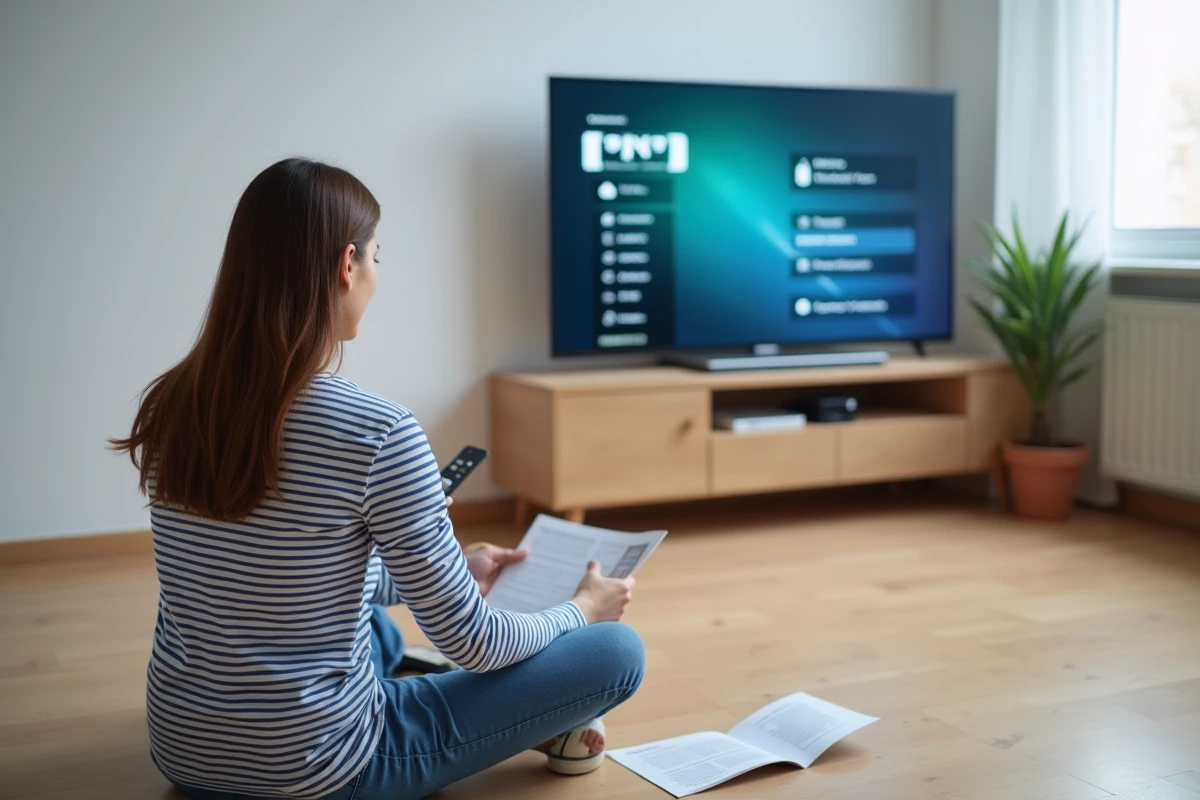 Femme consultant un guide de configuration TNT devant un téléviseur affichant le menu des chaînes numériques