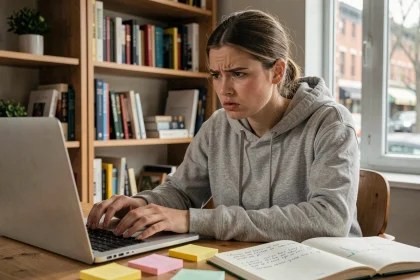 Jeune femme perplexe devant son ordinateur portable, illustrant la confusion autour de la cancel culture sur les réseaux sociaux