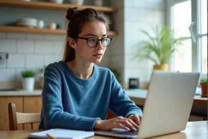 Femme en cuisine avec ordinateur et carnet