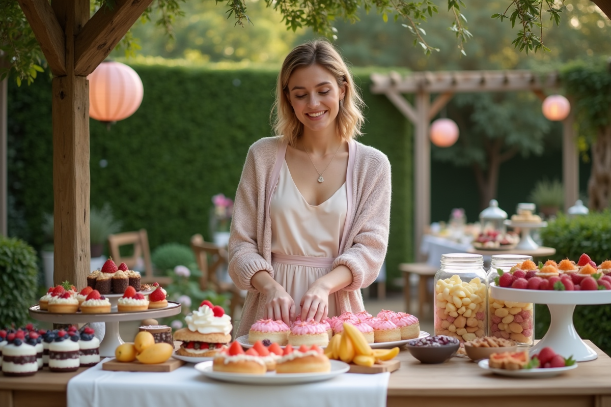 Jeune femme arrangeant un buffet de desserts en jardin