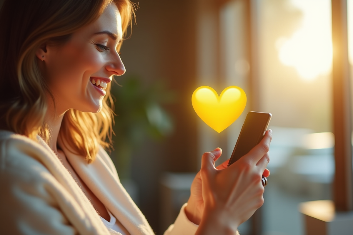 Femme souriante envoyant un emoji jaune sur son téléphone