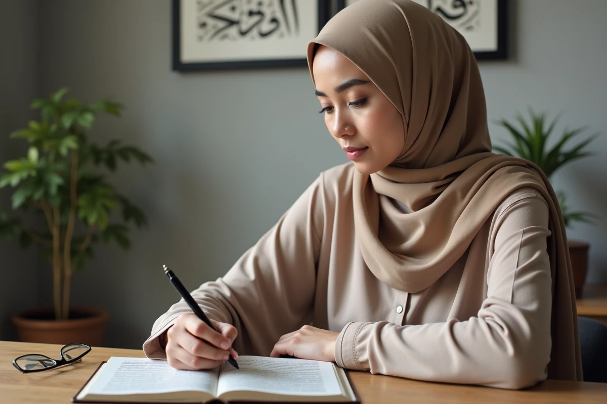 Femme musulmane prenant des notes sur les derniers versets de la sourate Al-Baqara, assise à un bureau en bois avec un Coran ouvert et un journal de calligraphie arabe