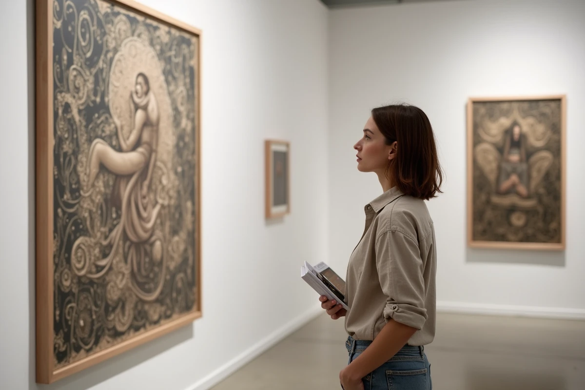 Femme regardant une peinture d'art contemporain à Montpellier