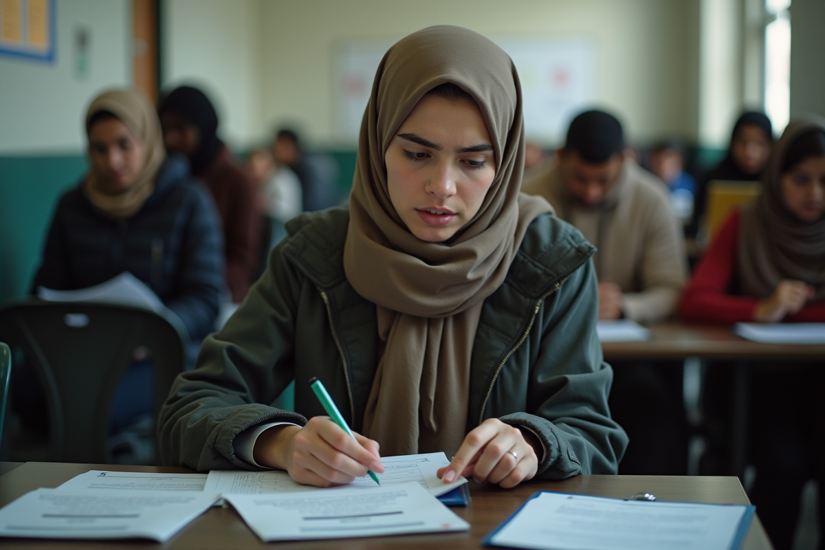 Femme jeune remplissant papier dans un bureau d