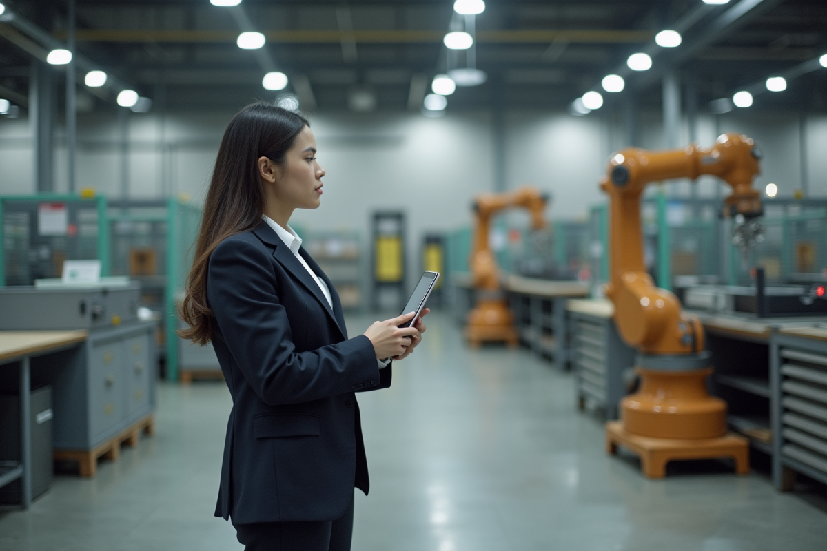 Jeune femme en industrie observant une ligne robotique