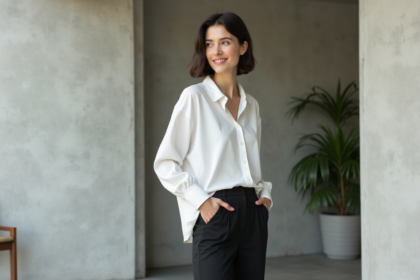 Femme élégante en blanc et noir dans un décor minimaliste