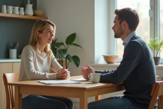 Femme d'âge moyen en discussion avec son fils dans la cuisine