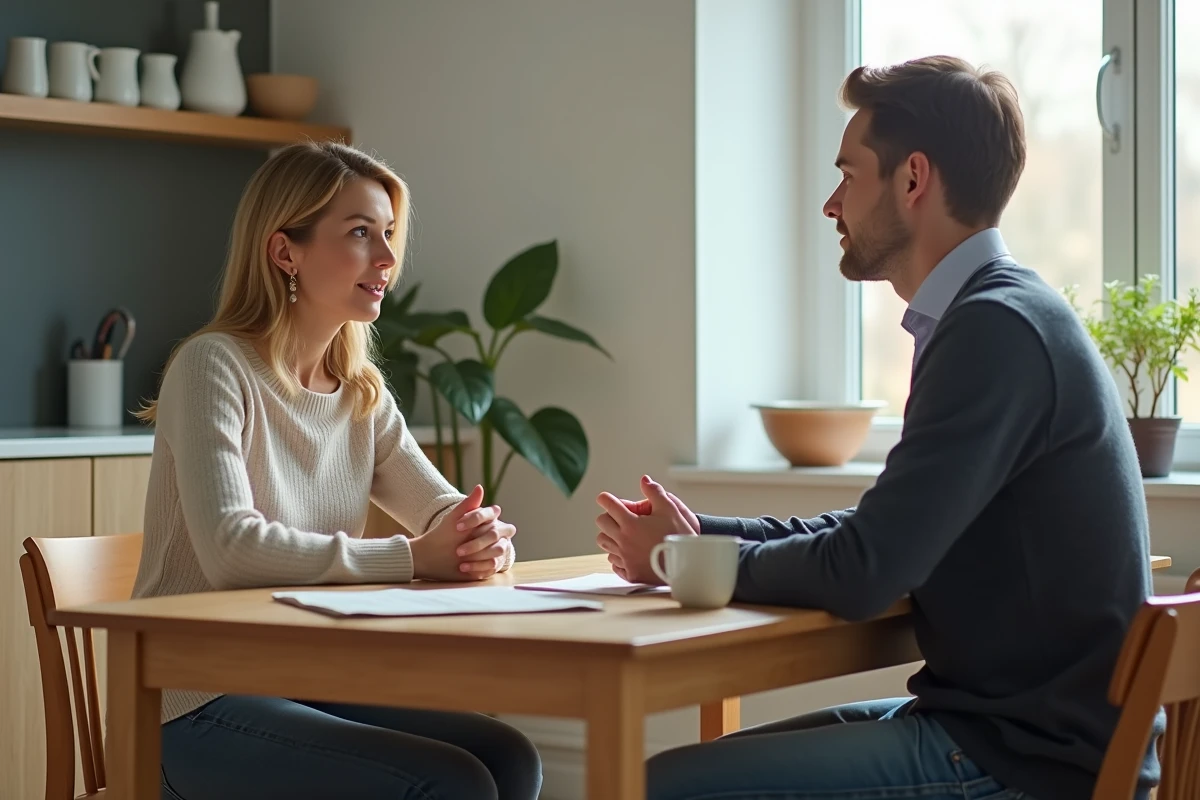 Femme d'âge moyen en discussion avec son fils dans la cuisine