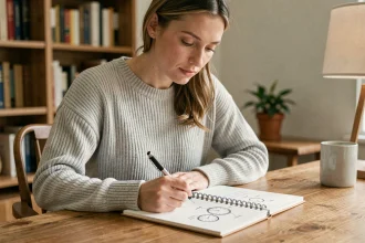 Femme prenant des notes sur les astuces mnémotechniques pour retenir la différence entre AM et PM