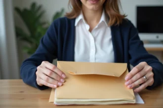 Jeune femme rangeant des papiers dans une enveloppe dans un bureau