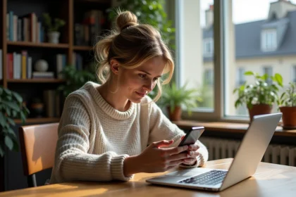 Femme française concentrée utilisant son ordinateur à Paris