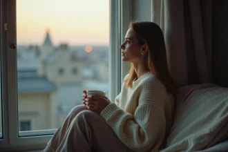Femme pensive assise près d'une fenêtre à l'aube tenant une tasse, symbolisant la réflexion sur l'amour et les significations cachées de l'heure 05h55