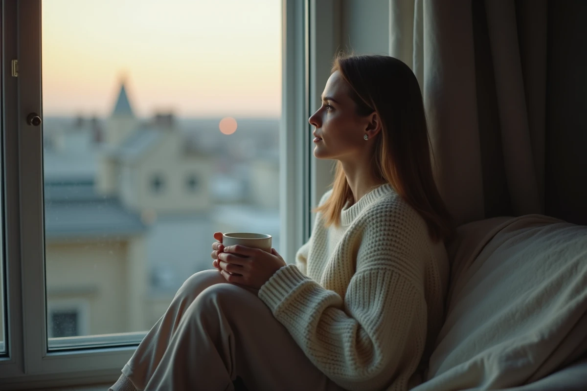 Femme pensive assise près d'une fenêtre à l'aube tenant une tasse, symbolisant la réflexion sur l'amour et les significations cachées de l'heure 05h55