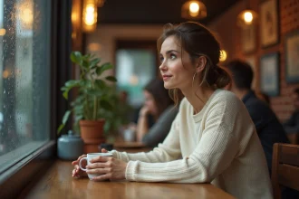 Femme pensive seule dans un café, symbolisant la confiance brisée en amour et la trahison sentimentale