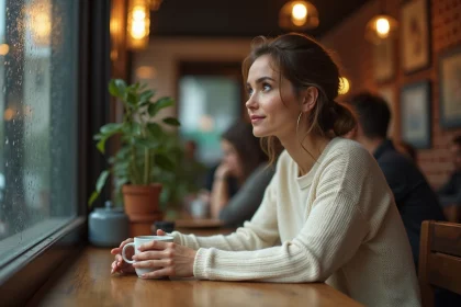 Femme pensive seule dans un café, symbolisant la confiance brisée en amour et la trahison sentimentale
