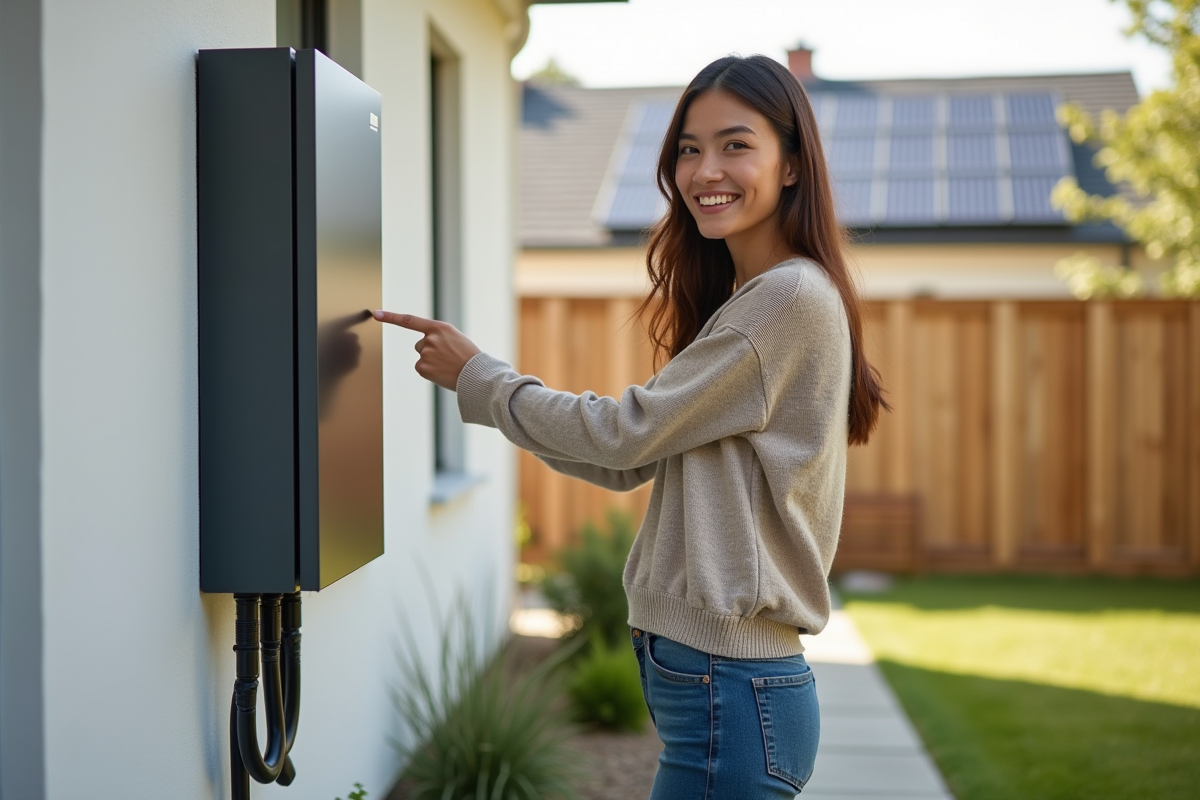 Jeune femme souriante pointant une batterie résidentielle moderne