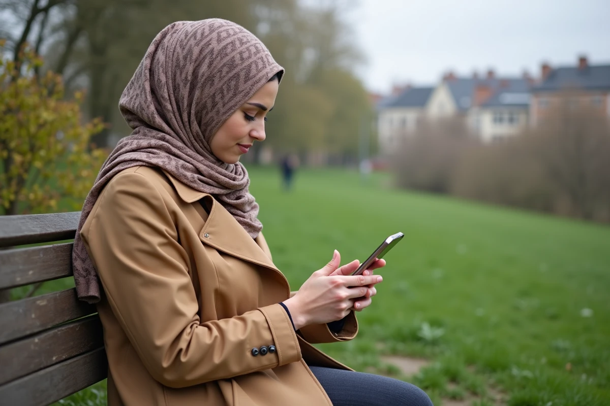 Jeune femme musulmane dans un parc de Compiègne vérifiant l
