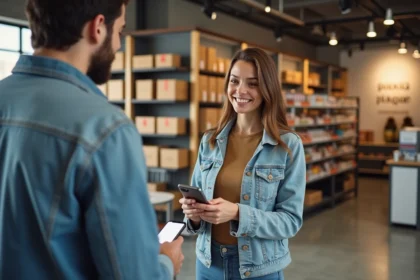 Femme souriante remettant son smartphone au vendeur en magasin