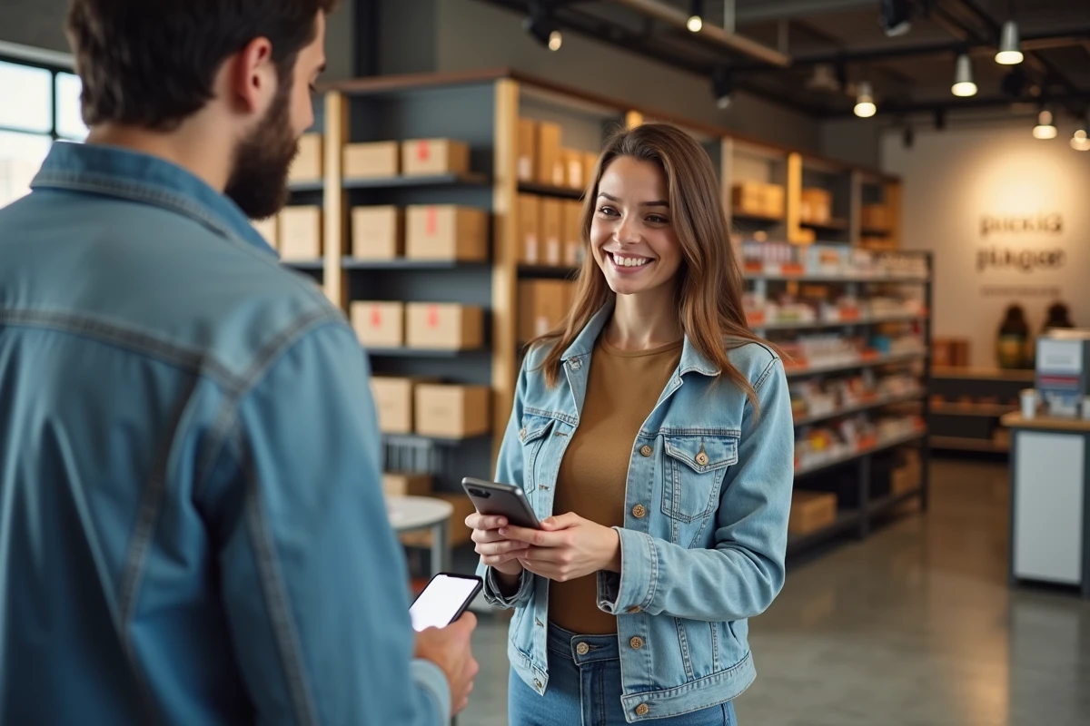 Femme souriante remettant son smartphone au vendeur en magasin