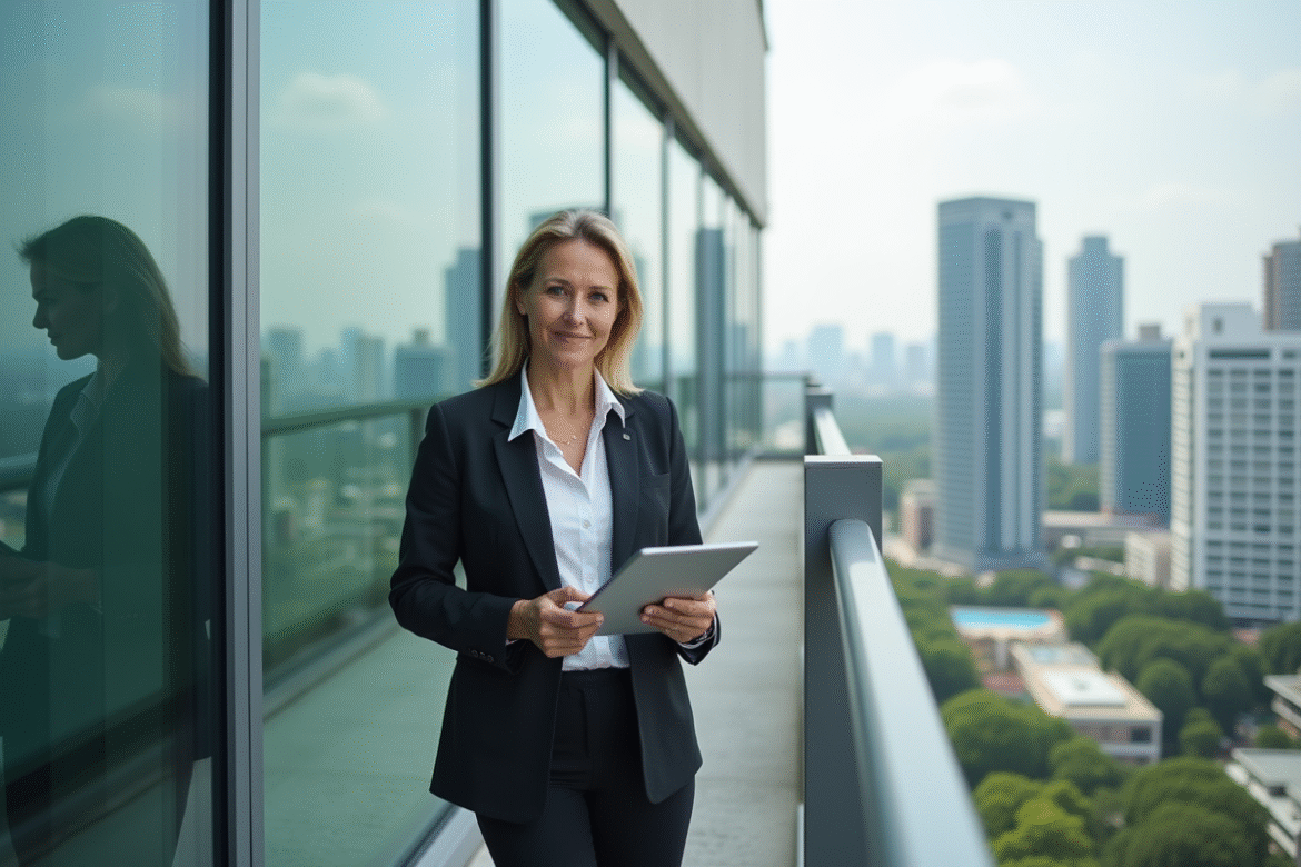 Femme d affaires sur un balcon avec vue sur la ville