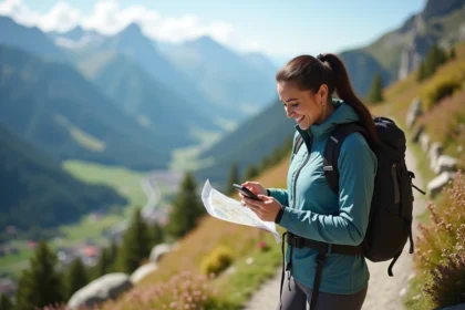Femme souriante en randonnée avec smartphone dans les montagnes