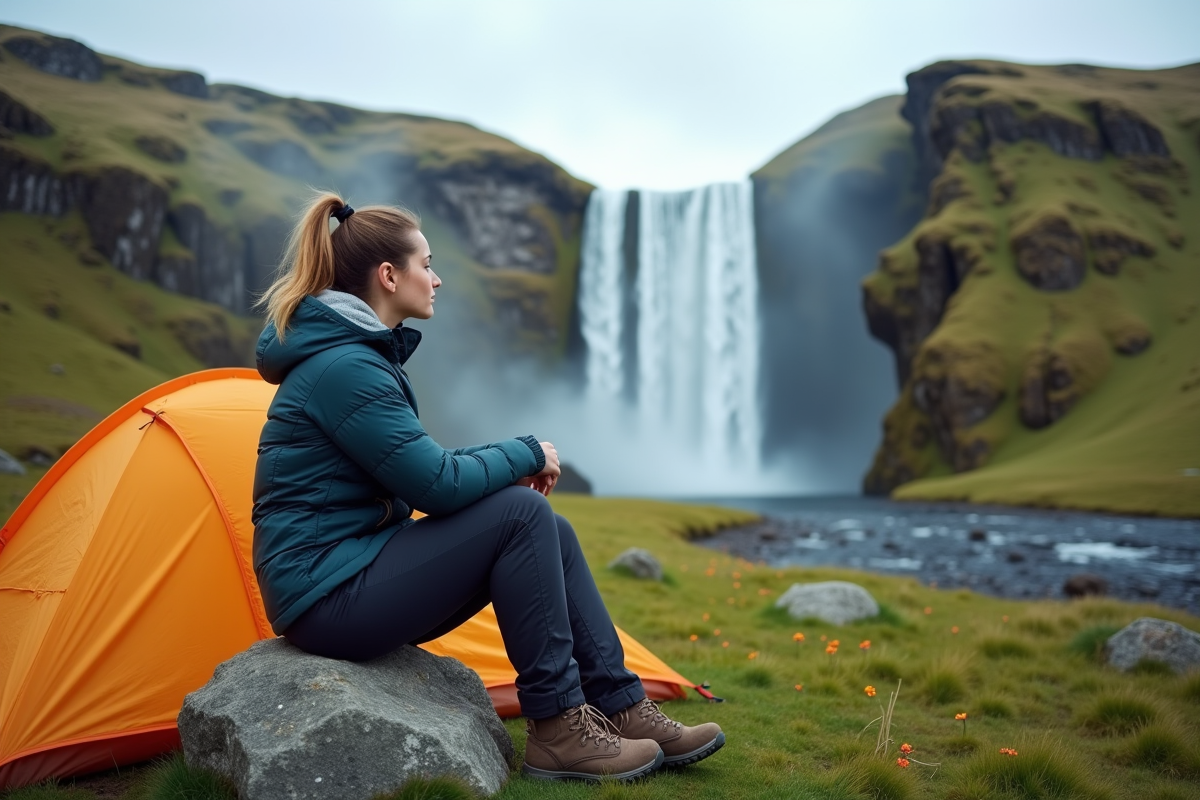 Jeune femme contemplant une cascade en Islande
