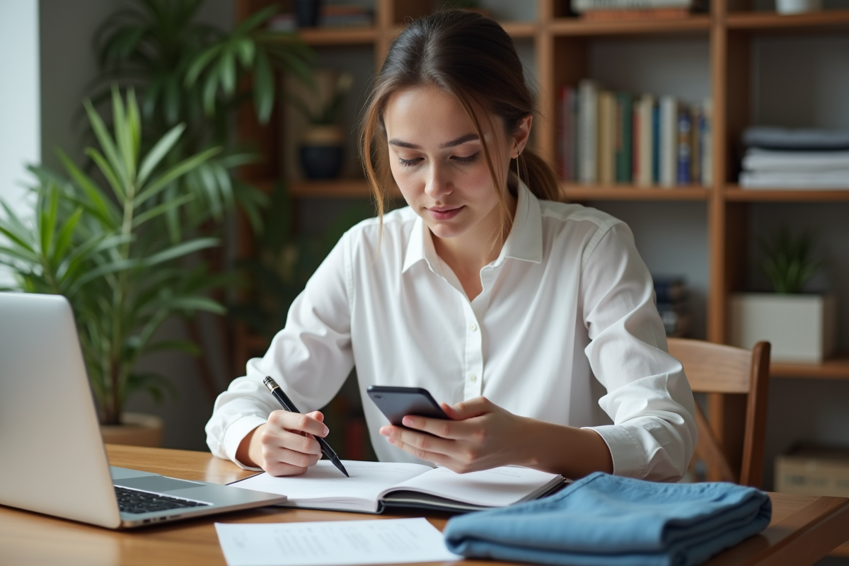 Femme pensant avec smartphone dans un appartement moderne