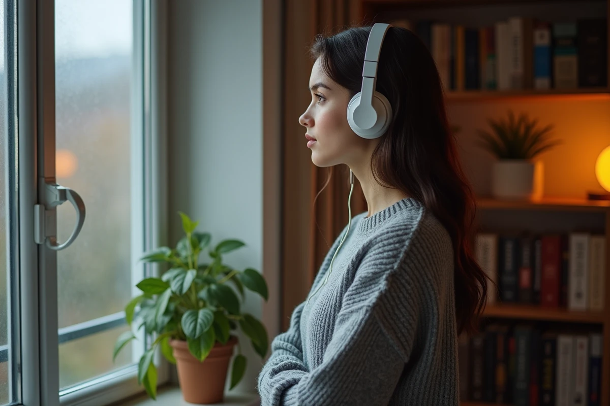 Jeune femme regardant par la fenêtre dans sa chambre cosy