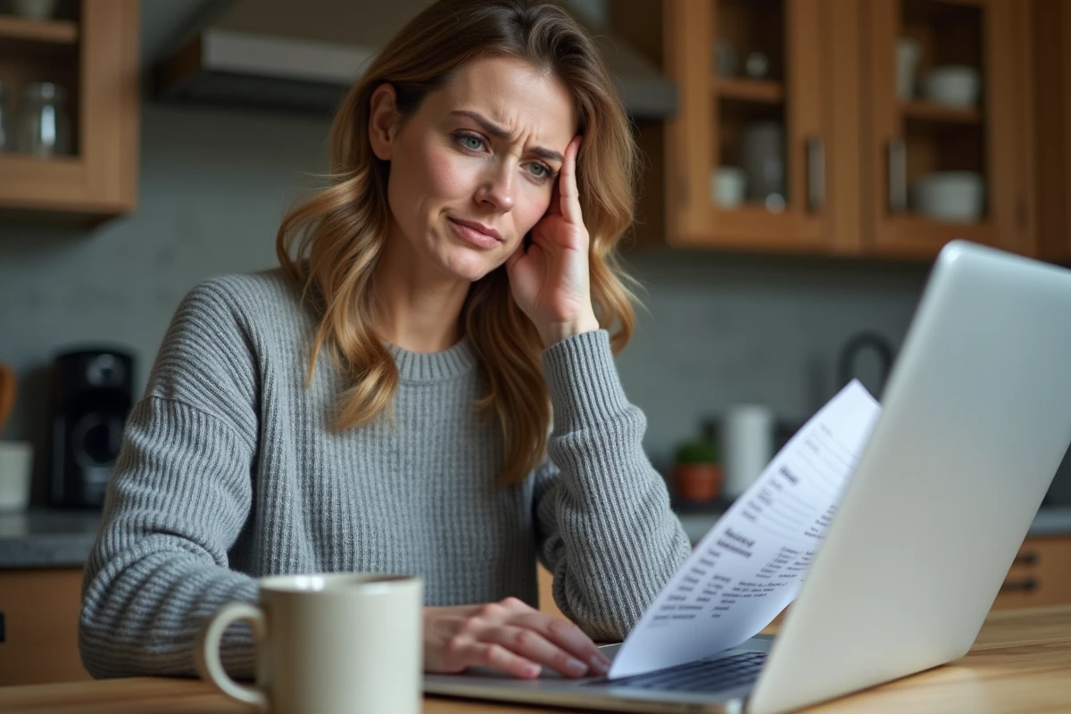 Femme inquiète examinant un relevé bancaire avec des abonnements cachés à la maison
