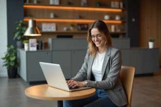 Femme souriante réservant un hôtel à Toulouse