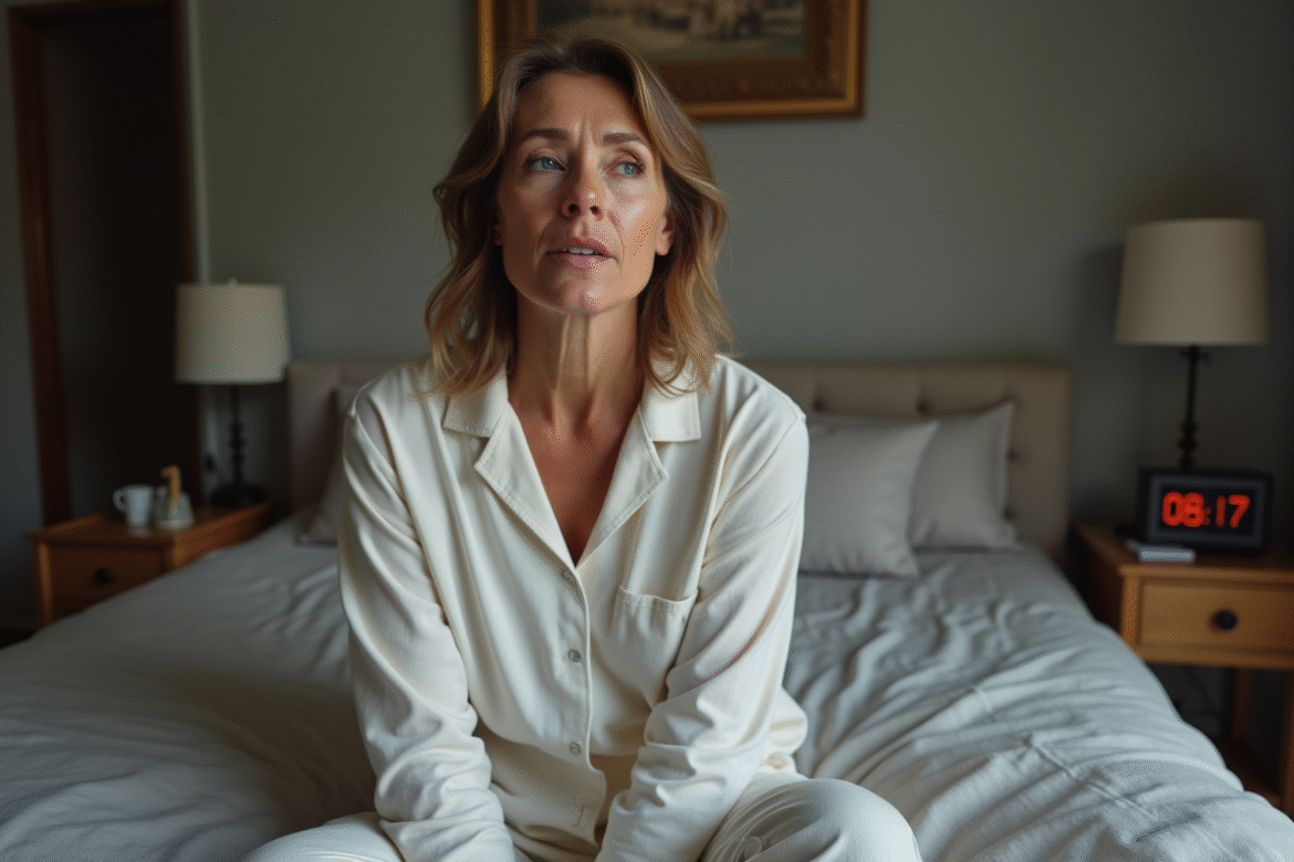 Femme en pyjamas au réveil tôt le matin dans la chambre