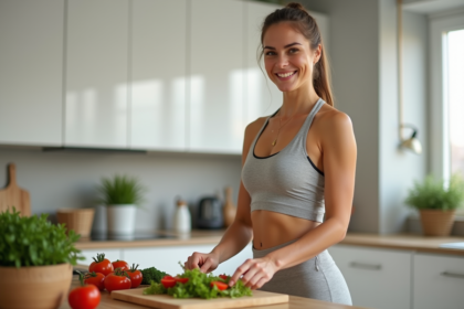 Femme en cuisine préparant une salade colorée