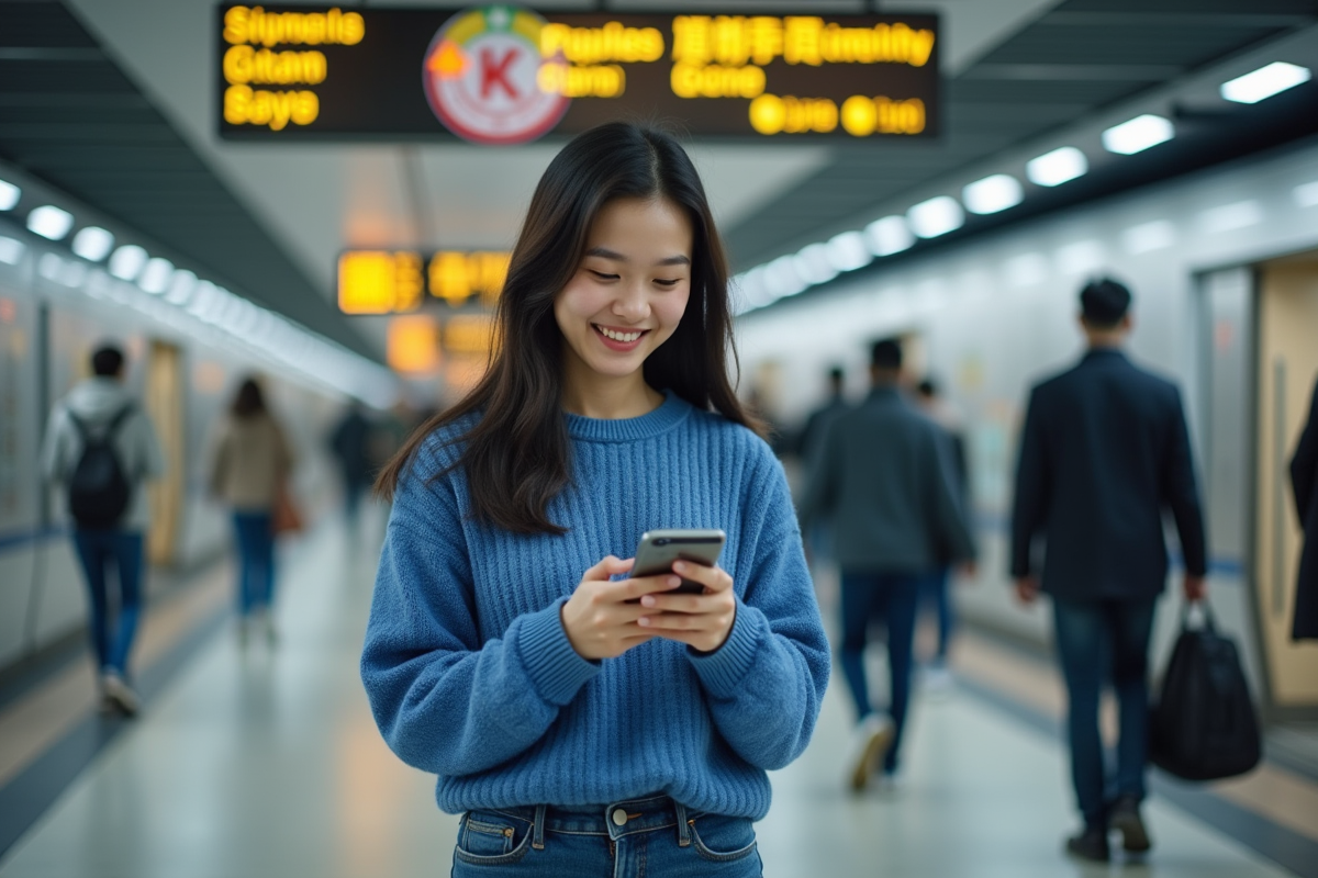 Jeune femme asiatique utilisant une application de traduction dans une gare