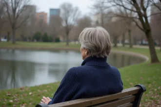 Femme méditant sur un banc dans un parc urbain au printemps