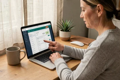 Femme consultant son tableau de bord de compte client EDF ENR sur un ordinateur portable dans un bureau à domicile