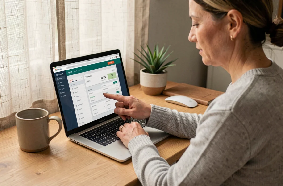 Femme consultant son tableau de bord de compte client EDF ENR sur un ordinateur portable dans un bureau à domicile
