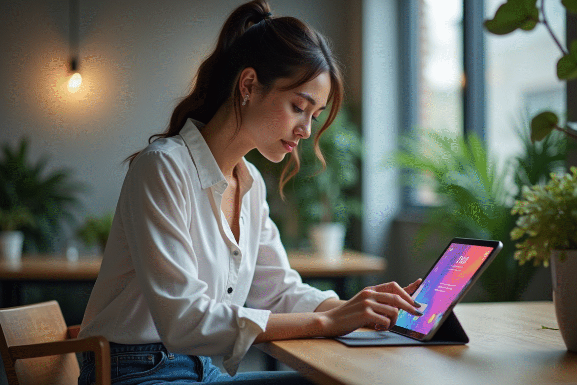 Jeune femme utilisant une tablette dans un bureau moderne