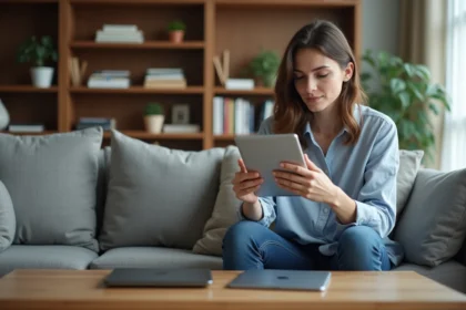 Jeune femme compare plusieurs tablettes dans un salon moderne